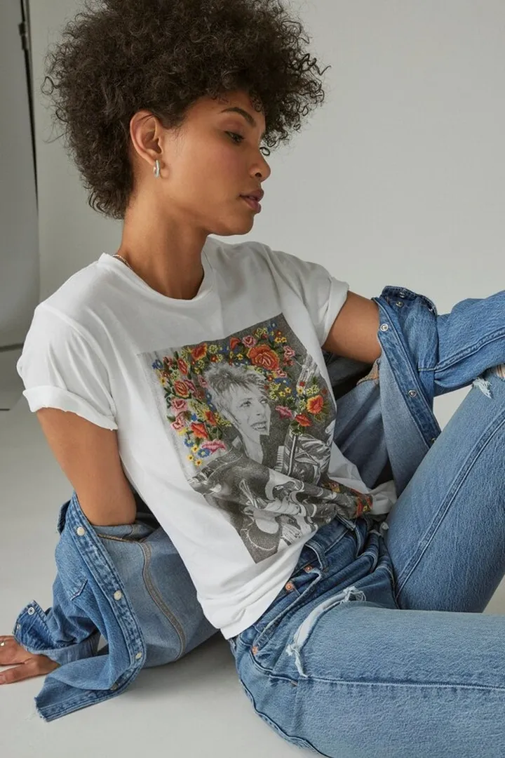 David Bowie Embroidered Roses Boyfriend Graphic Crew