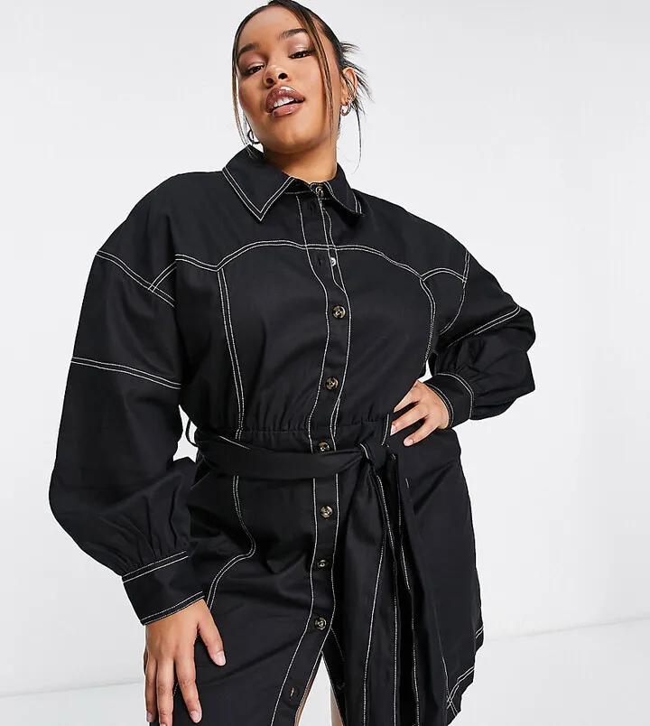 ASOS DESIGN Curve yoke detail twill mini shirt dress in black