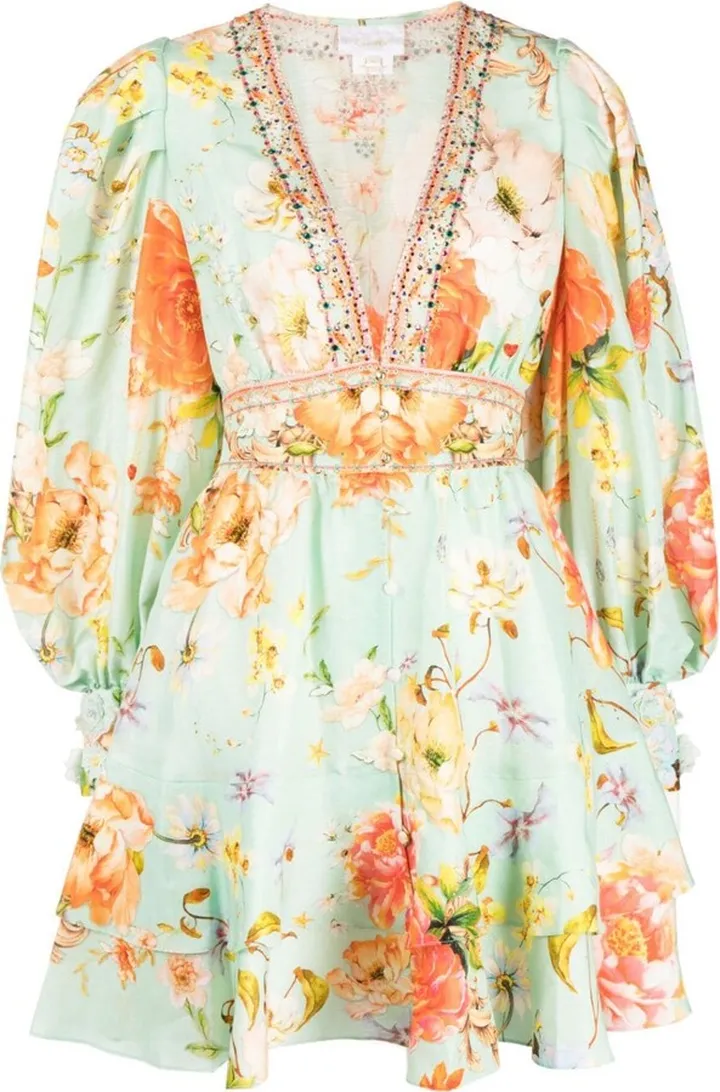 Floral-Print Embellished Dress