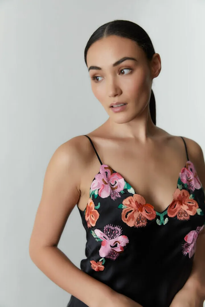 Peony Blossoms Embroidered Silk Chemise