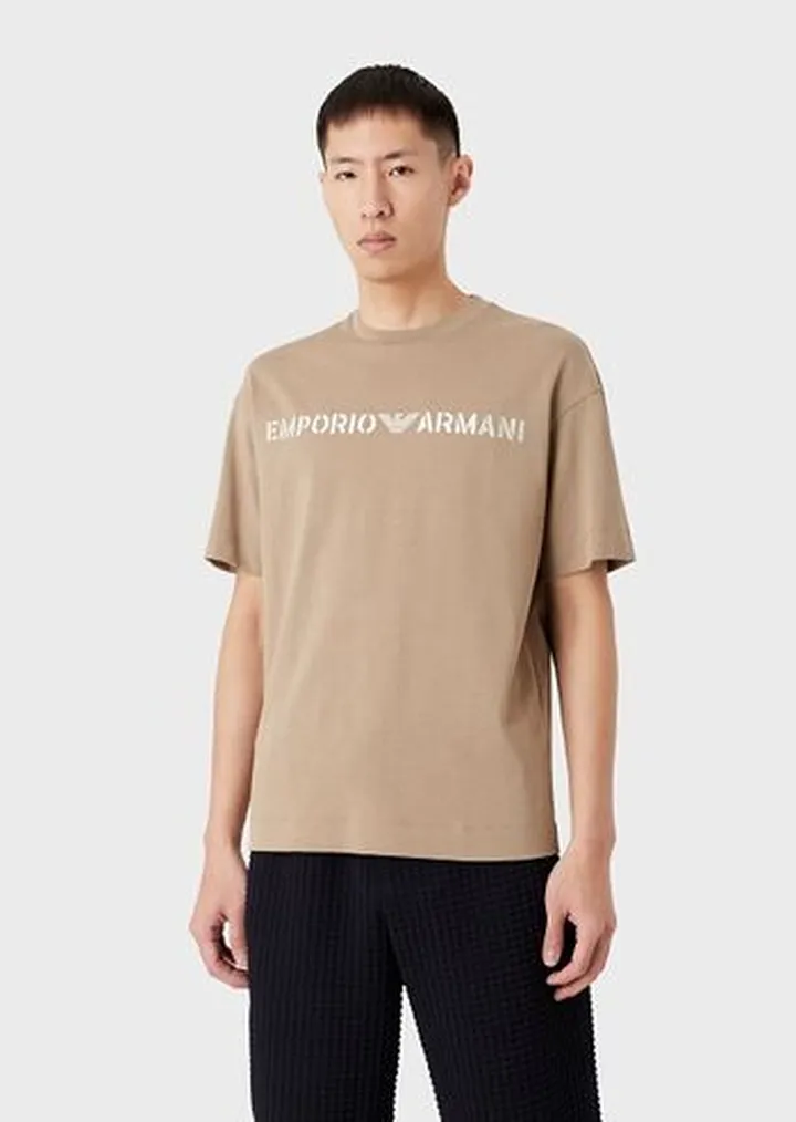Heavy jersey T-shirt with Emporio Armani embroidery in a military font