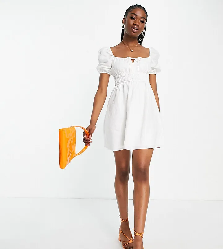 Ever New puff sleeve ruffle mini dress in white