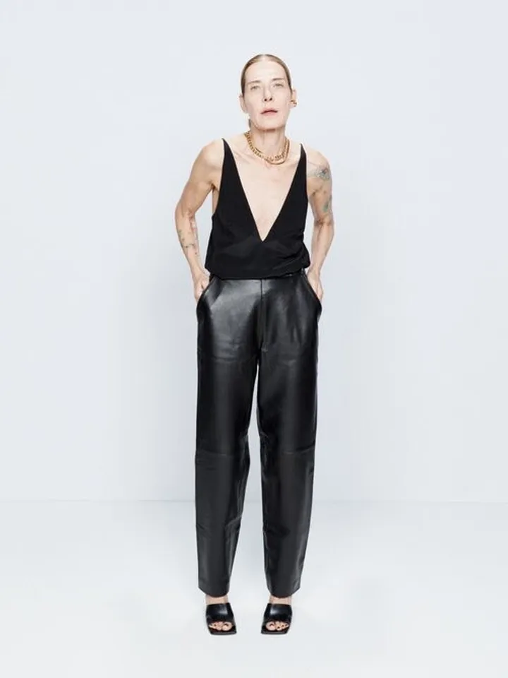 Relaxed Leg Tapered Hem Leather Trouser