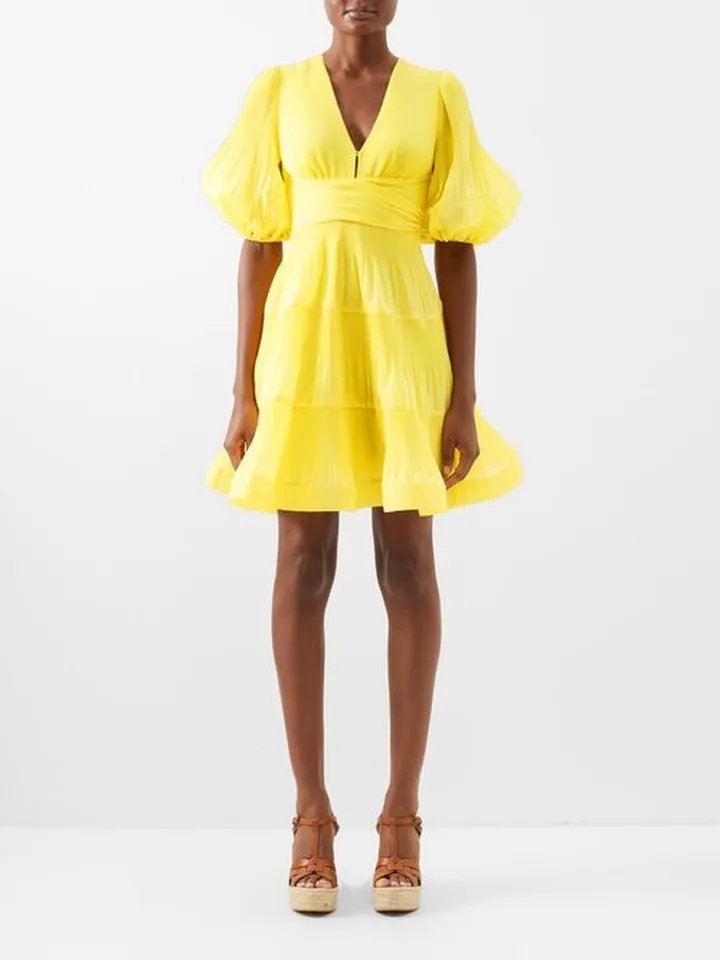 Pleated Puff-sleeve Mini Dress