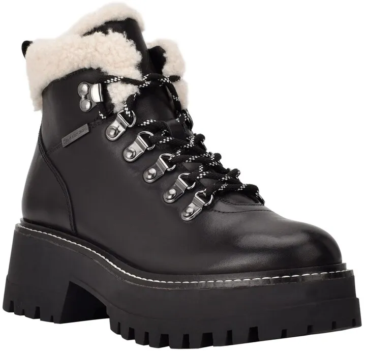 Calvin Klein Women's Kristel Lace-Up Hiker Fur Lug Sole Booties Women's Shoes