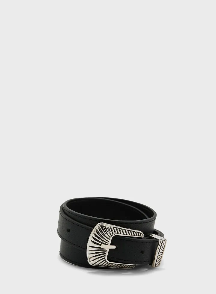 Embossed Buckle Slim Belt
