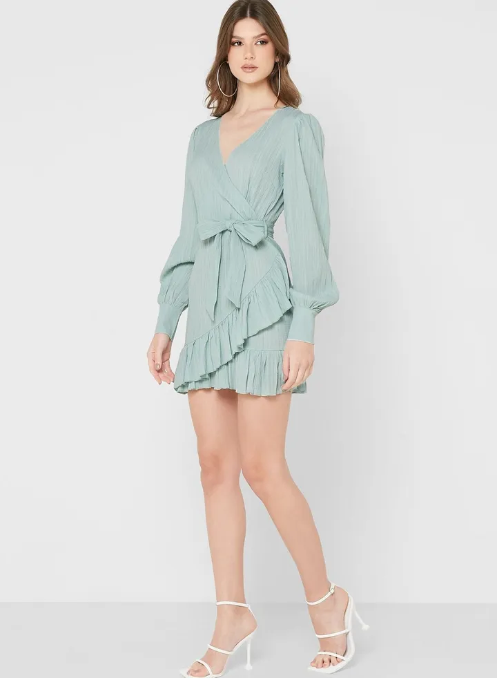 Belted Ruffle Trim Puff Sleeve Dress