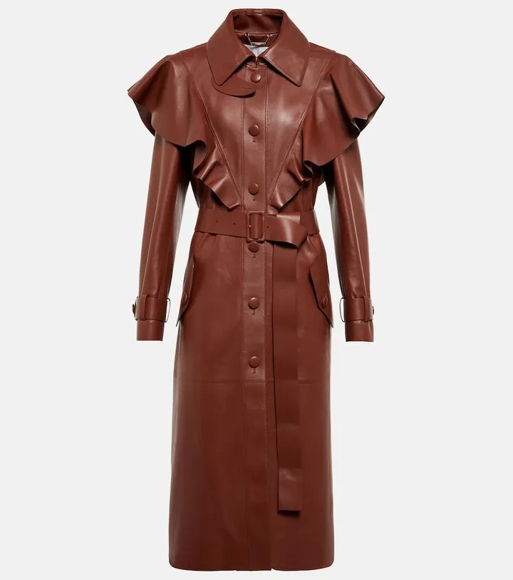 Ruffle-trimmed leather coat
