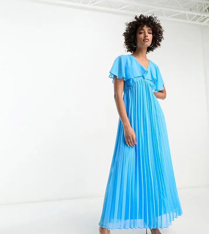 ASOS DESIGN Tall angel cape sleeve pleated hem maxi dress in blue