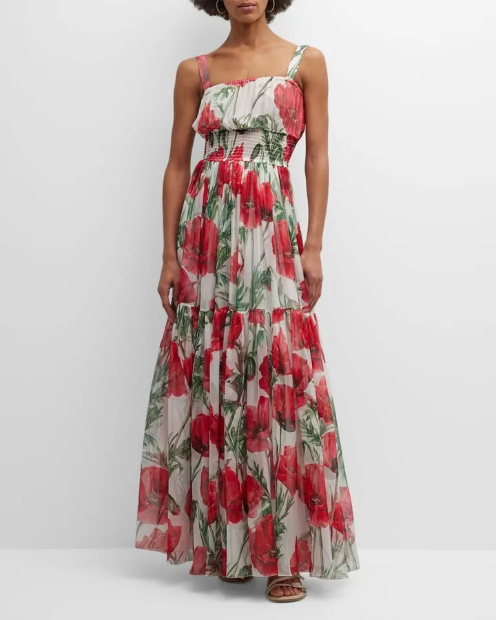 Floral-Print Tiered Silk Chiffon Maxi Dress