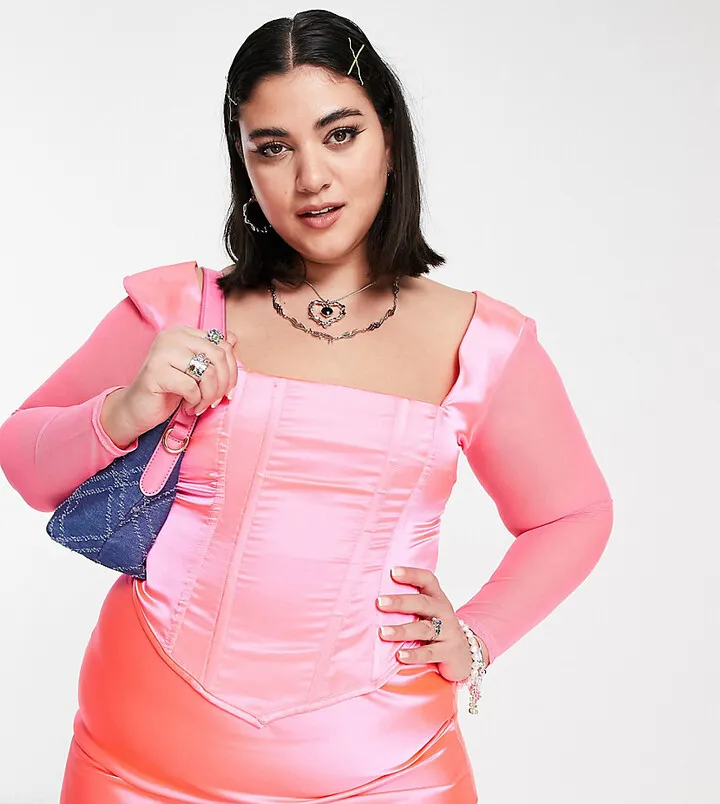 COLLUSION Plus long sleeve corset detail top in pink - part of a set