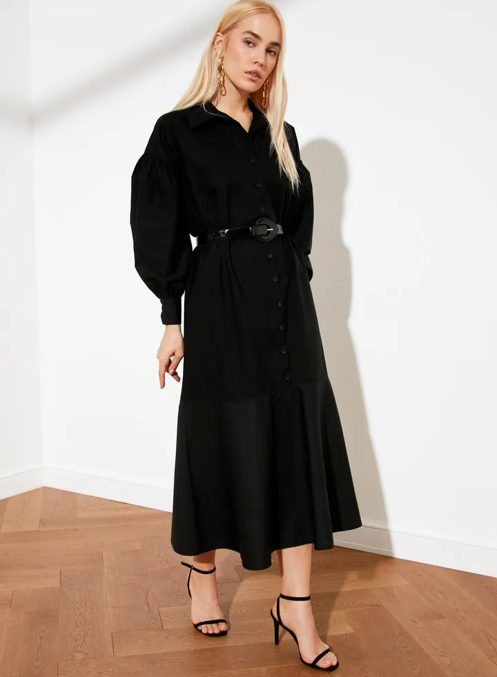 Balloon Sleeve Pleated Dress