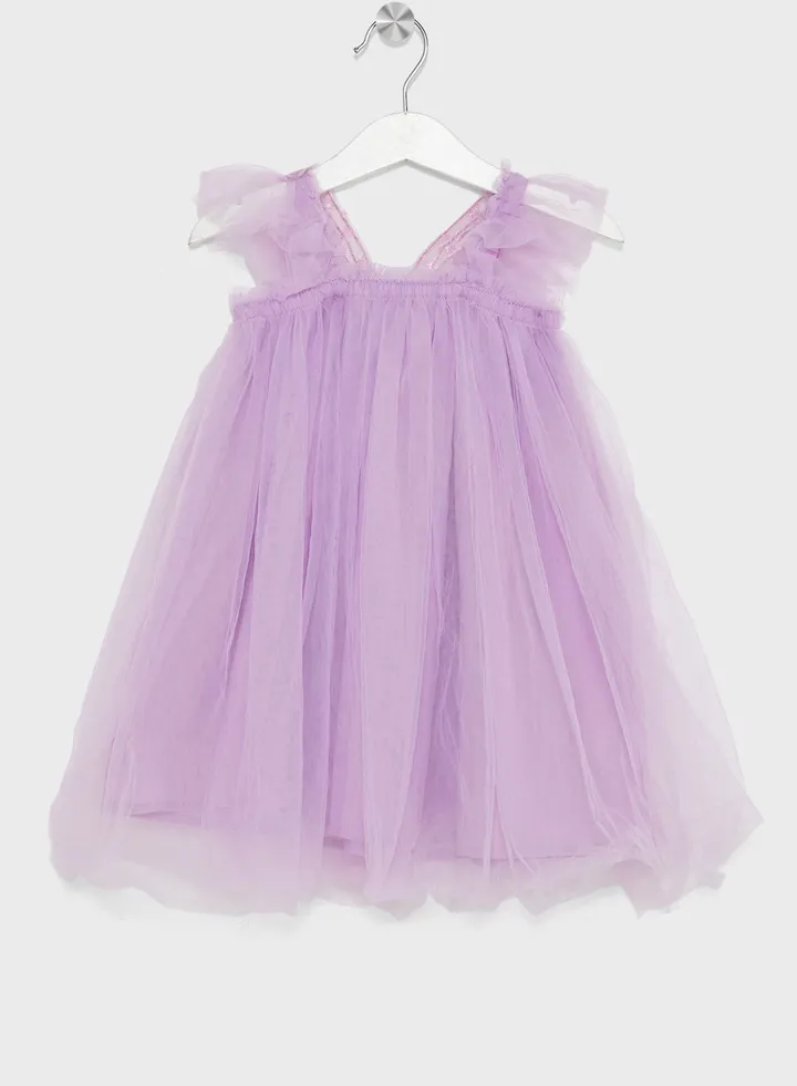 Girls Solid Ruffle Tulle Dress