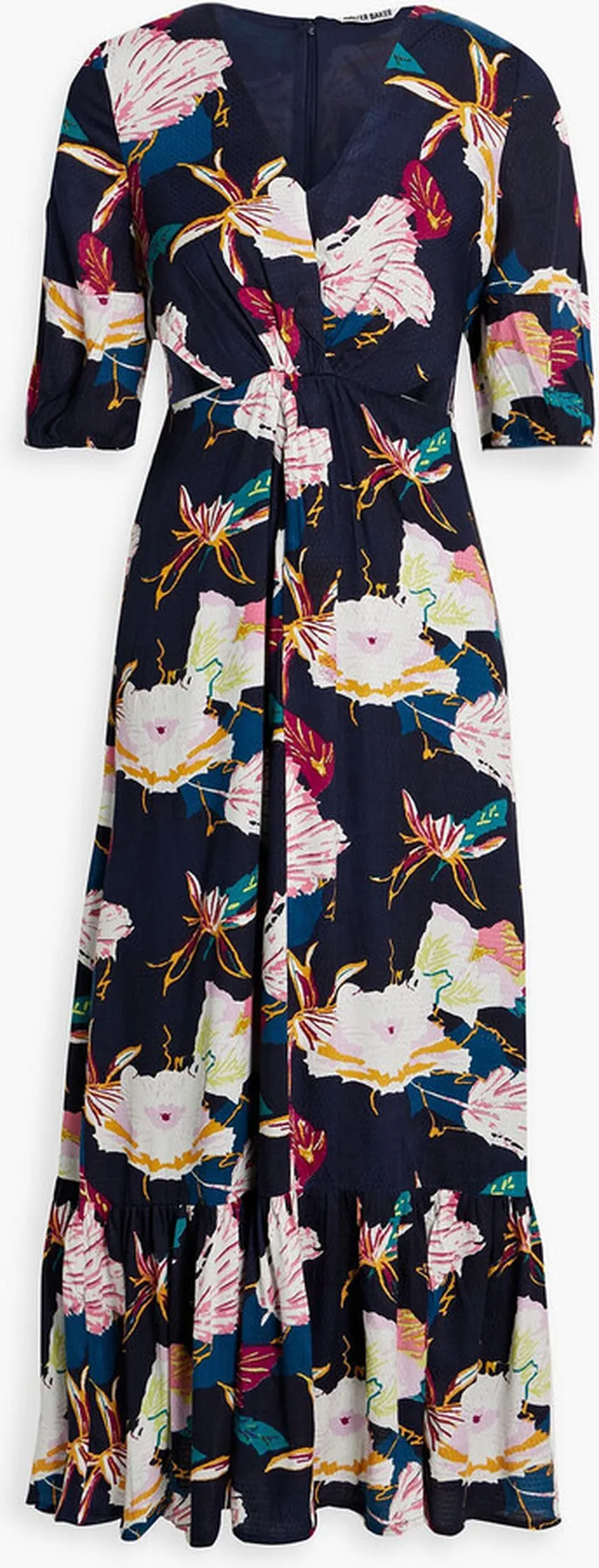 Wynona gathered cutout floral-print jacquard midi dress