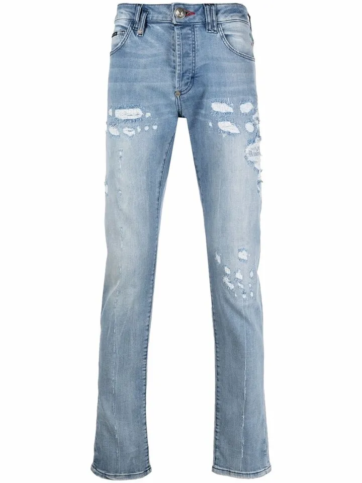Distressed Straight-Cut Jeans