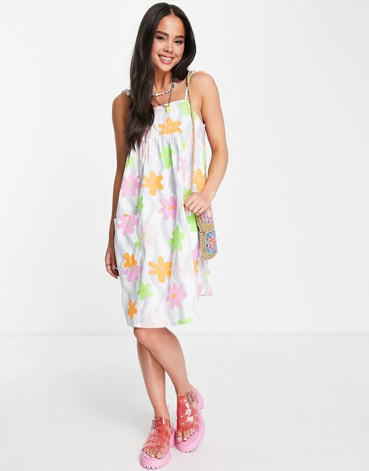Native Youth strappy cami smock dress with pockets in wavy floral