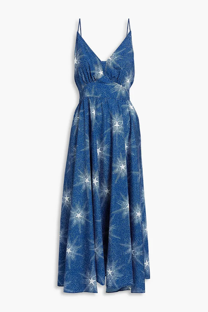 Gathered printed crepe midi dress