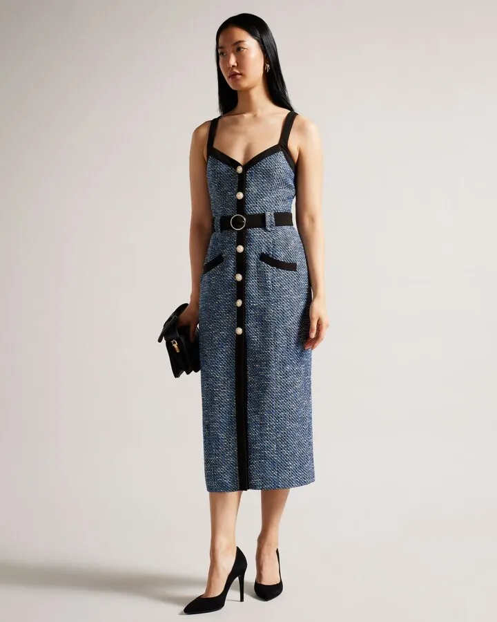 Fitted Boucle Midi Dress in Dark Navy