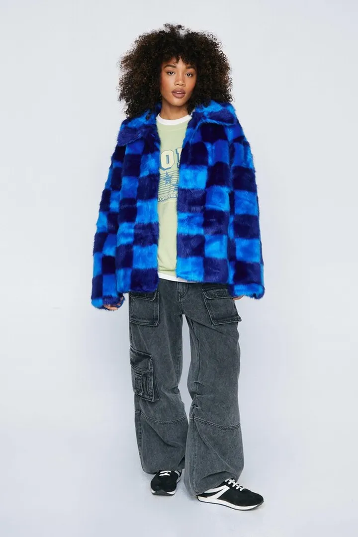 Nasty Gal Womens Premium Blue Checkerboard Faux Fur Coat
