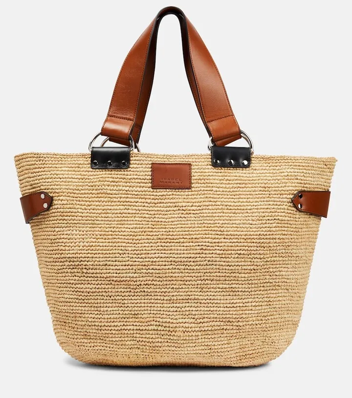 Bahiba leather-trimmed raffia tote bag