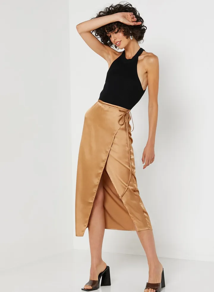 Tie Detail Wrap Midi Skirt