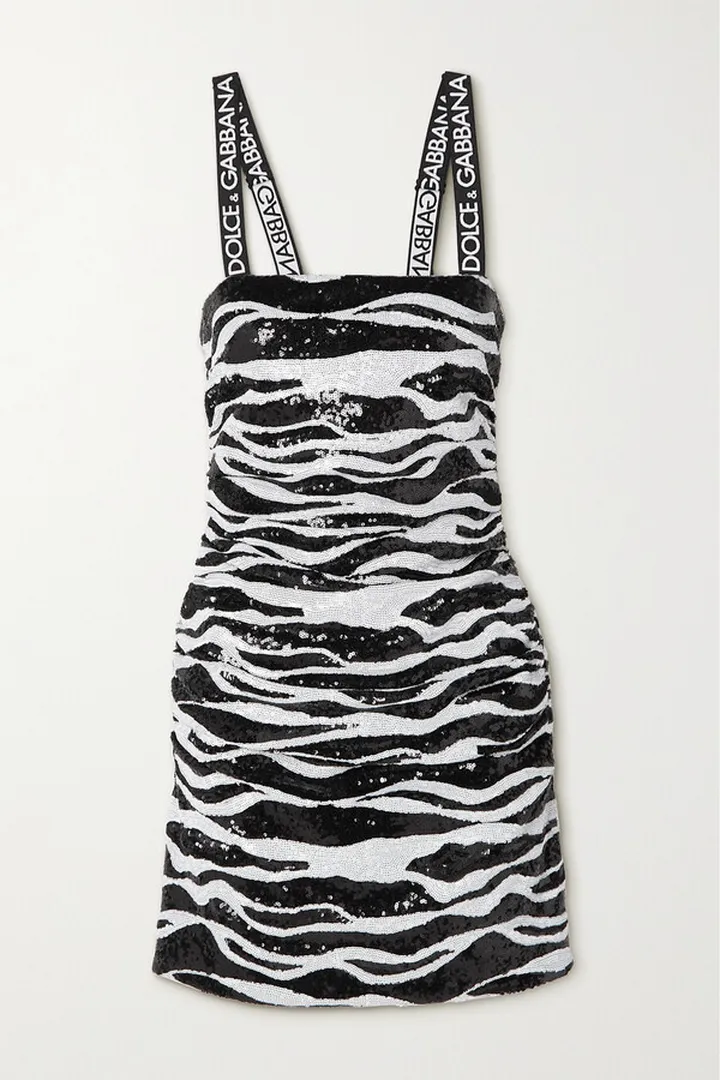 Dolce & Gabbana - Ruched Sequined Zebra-print Jersey Mini Dress - Black