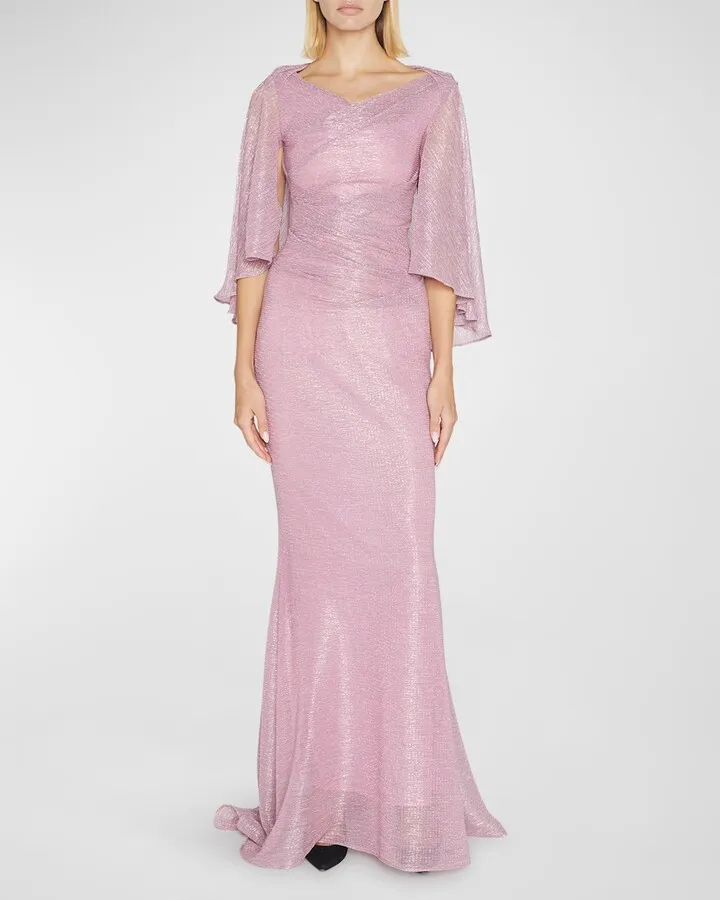Metallic Voile Draped Cape Gown