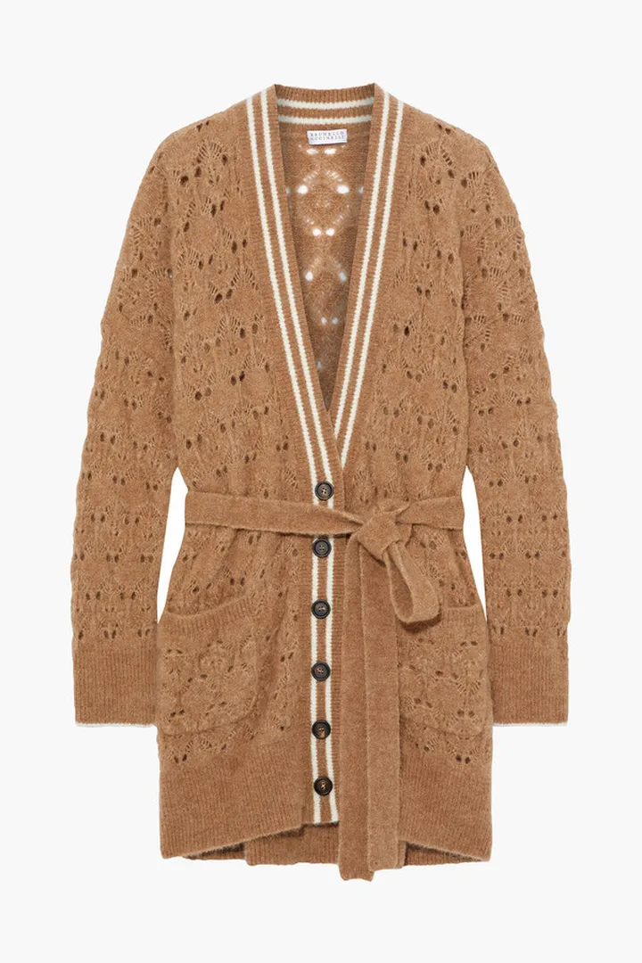 Belted brushed pointelle-knit cardigan