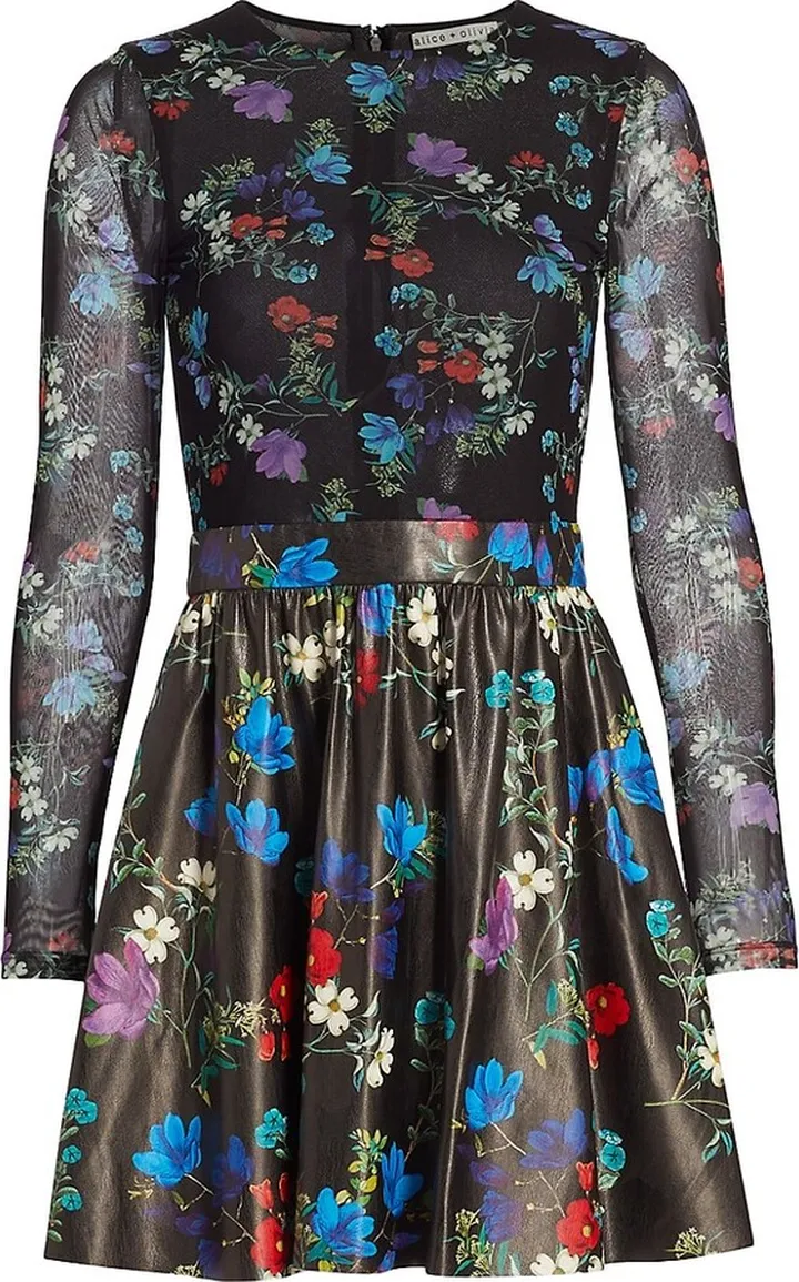Chara Floral-Print Mesh & Vegan Leather Minidress