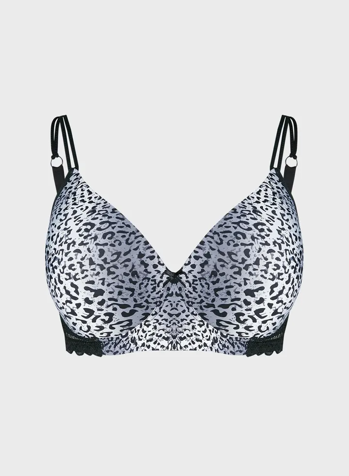 Padded Non-Wired Full Cup Animal Print T-Shirt Bra - Lace
