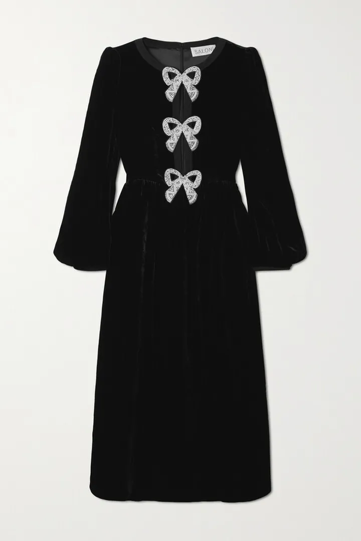 Saloni - Camille Bow-embellished Velvet Midi Dress - Black
