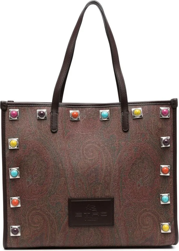 Brown Stud Embellished Paisley Print Tote Bag