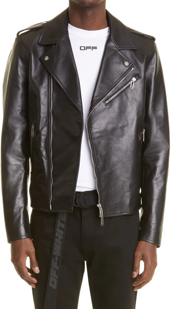 Diagonal Stripe Leather Biker Jacket