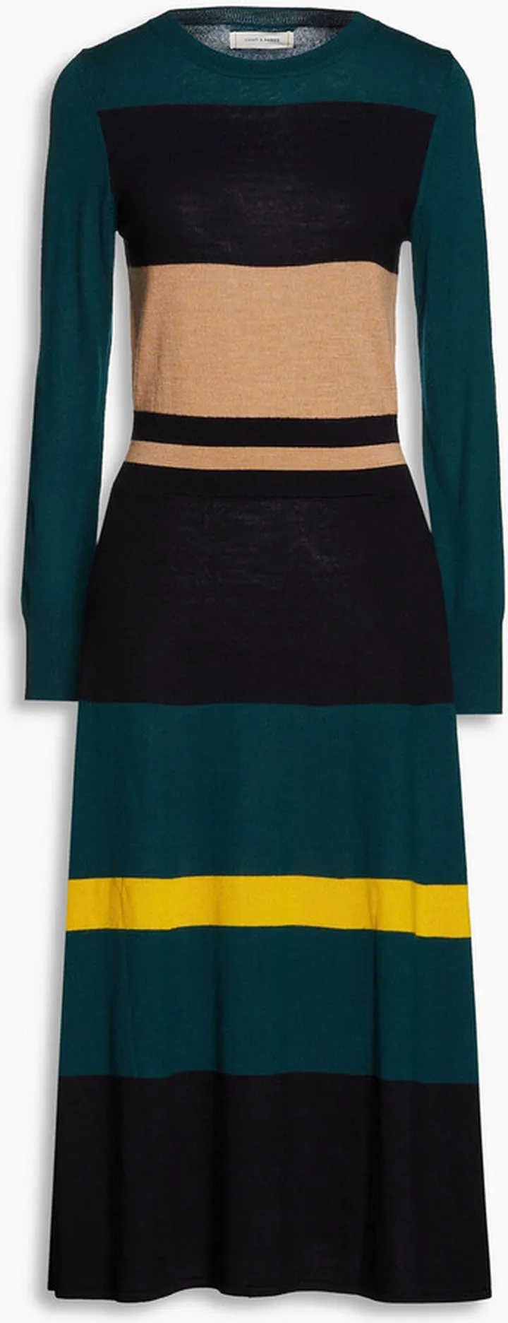 Embroidered striped merino wool midi dress