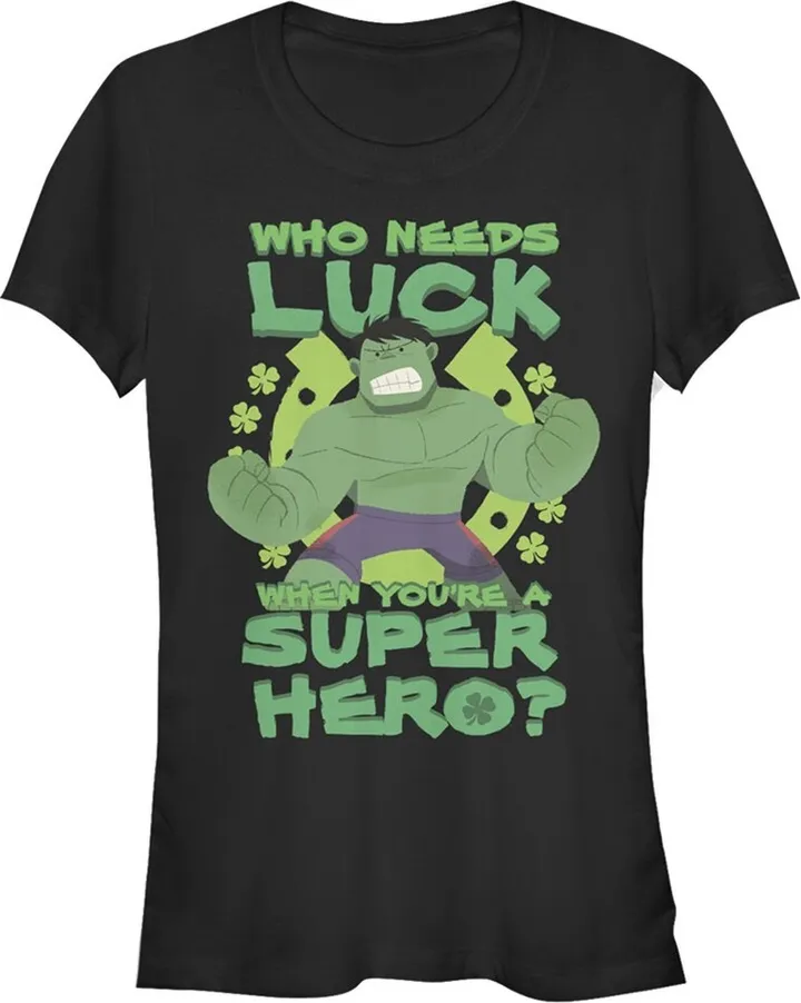 Junior's Marvel St. Patrick's Day Hulk Who Needs Luck T-Shirt - Black - X Large