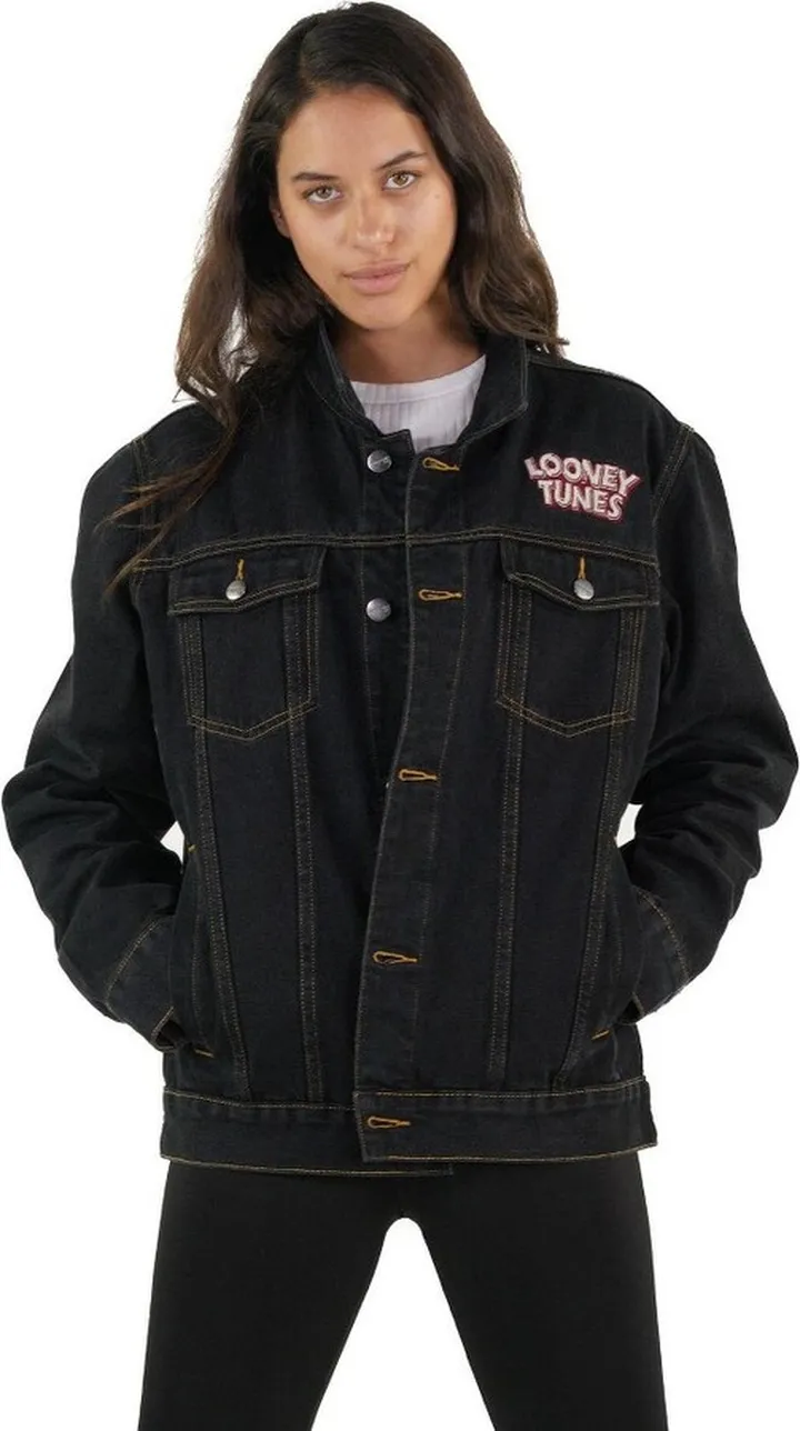 Members Only Women's Looney Tunes Denim Trucker Oversized Jacket - Black - Small