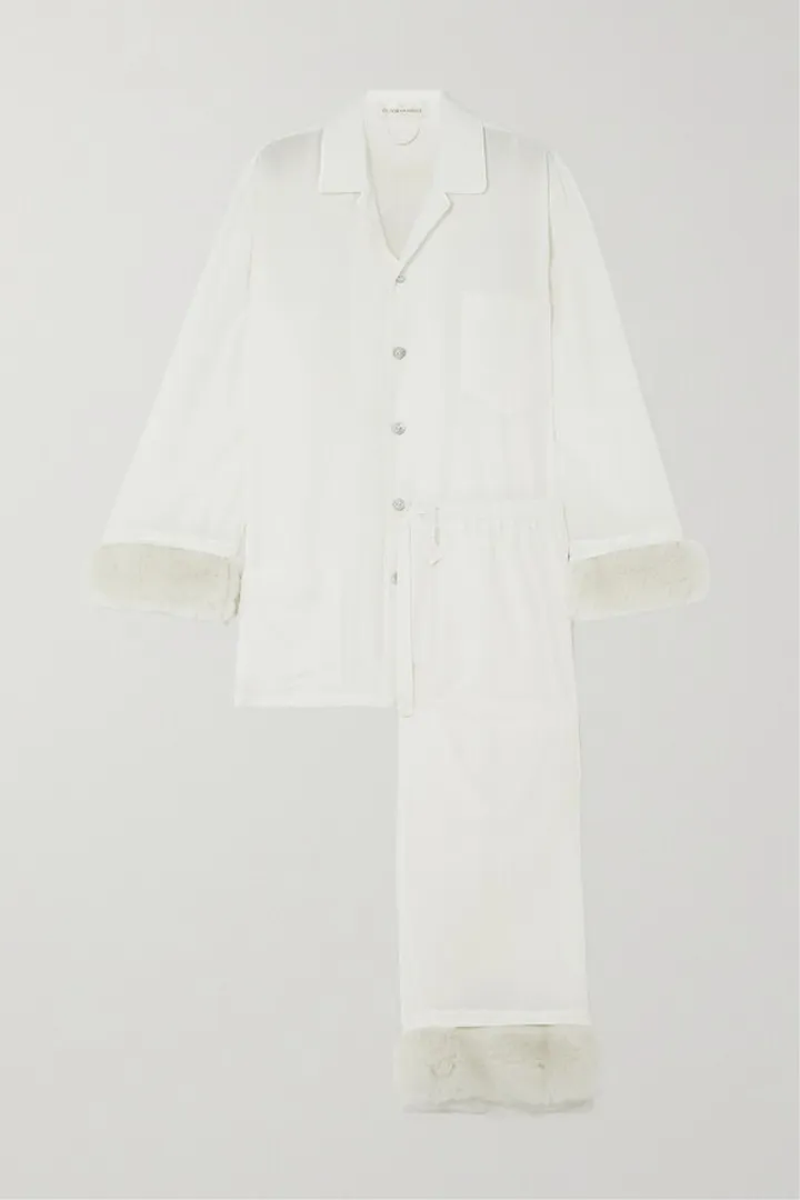 Olivia von Halle - Casablanca Faux Fur-trimmed Silk Pajama Set - White