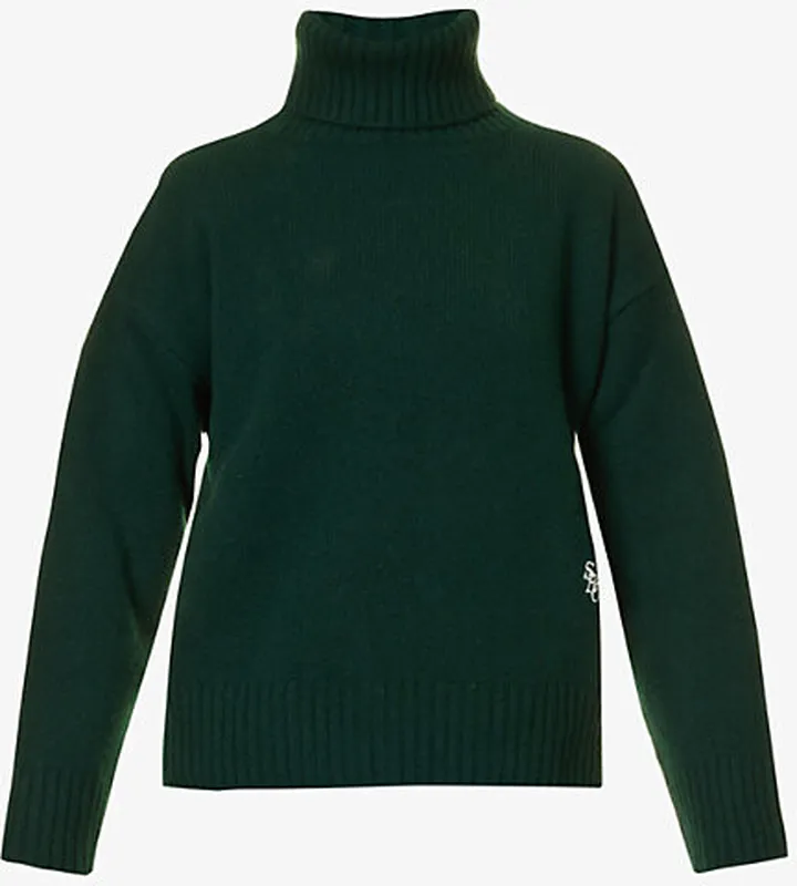 porty & Rich Womens Forest Brand-embroidered Turtleneck Wool Jumper