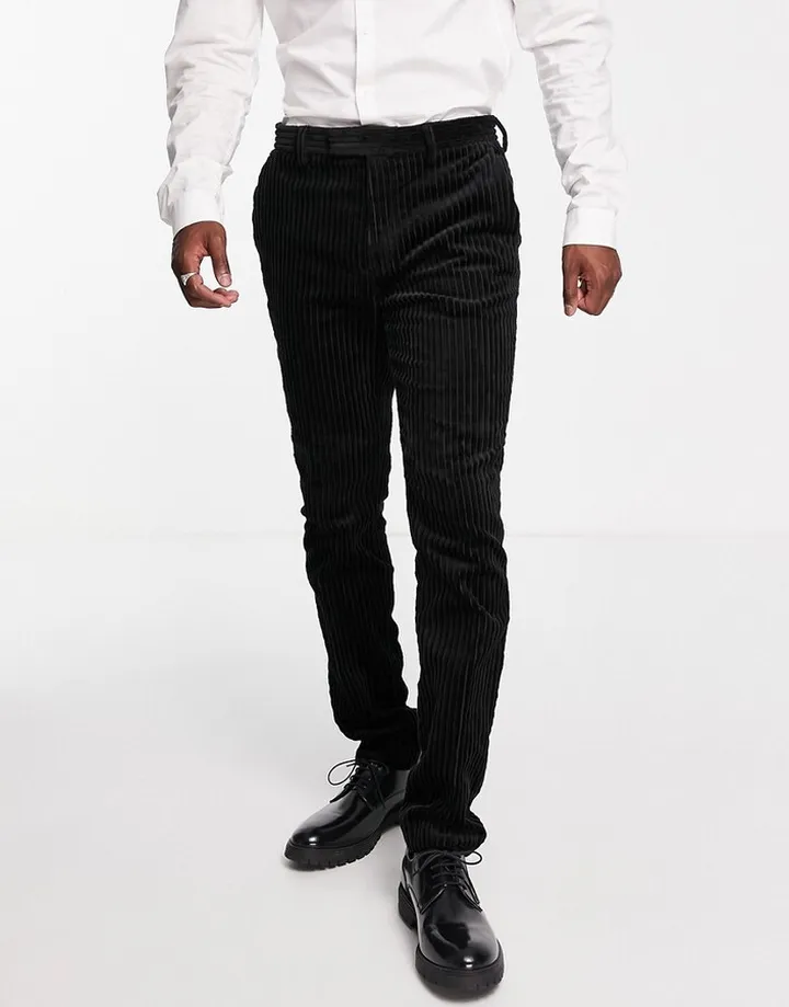 Topman skinny jumbo cord suit pants in black