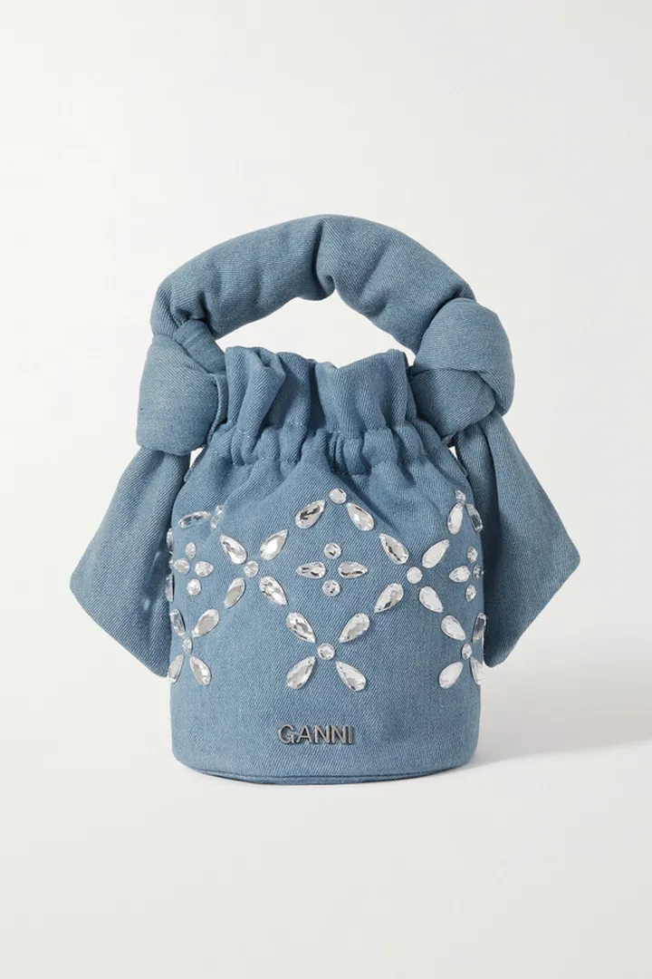 GANNI - Occasion Ruched Crystal-embellished Denim Tote - Blue