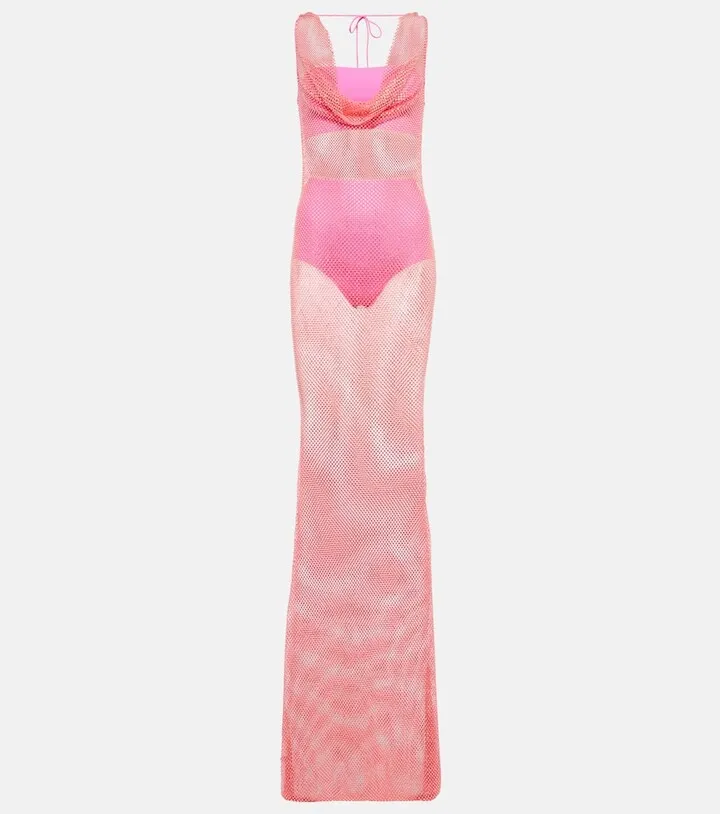 Rhinestone embroidered mesh maxi dress