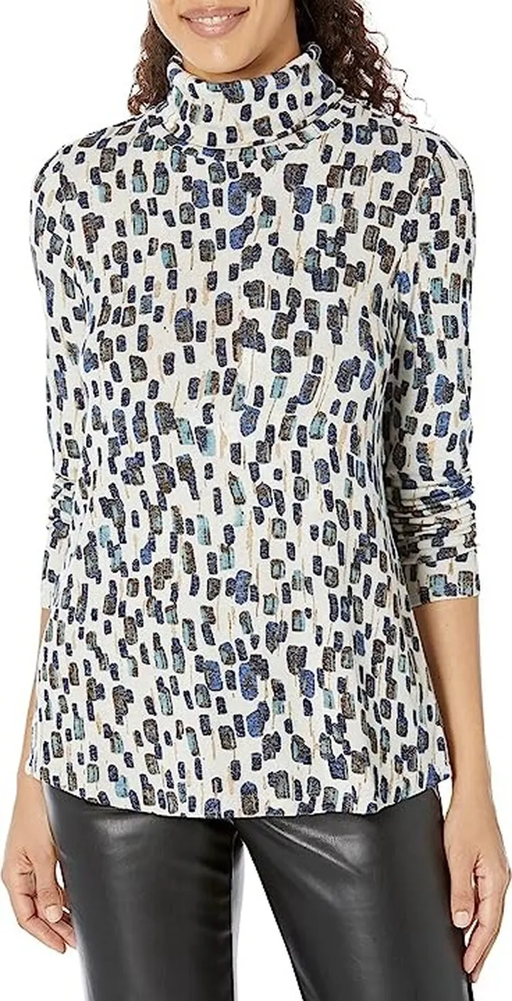 NIC+ZOE Abstract Blocks Long Sleeve Turtleneck (Neutral Multi) Women's Clothing