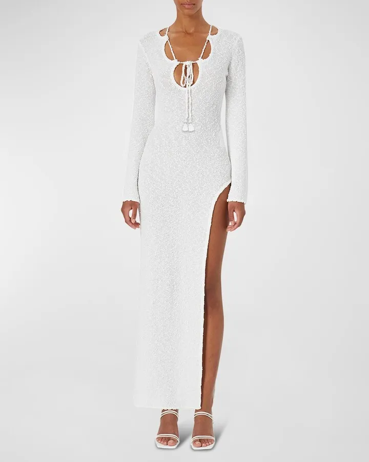 Cutout Metallic Boucle Thigh-Slit Maxi Dress