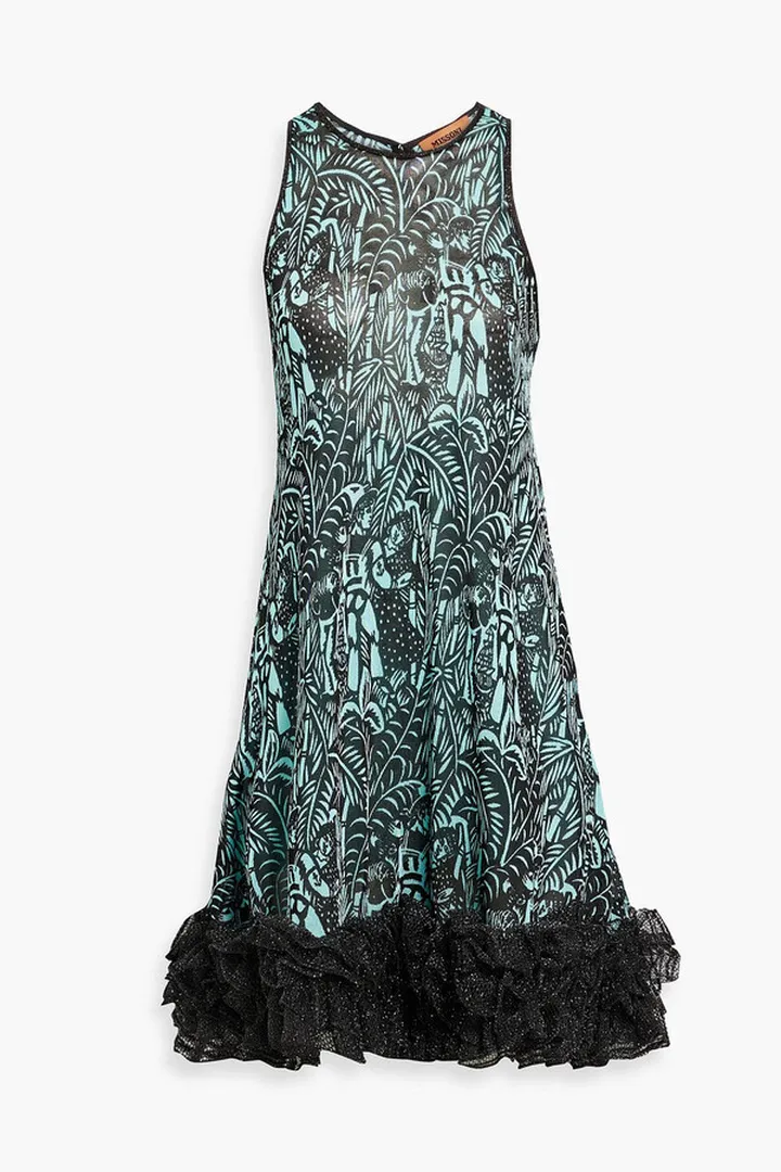 Ruffle-trimmed printed jersey mini dress
