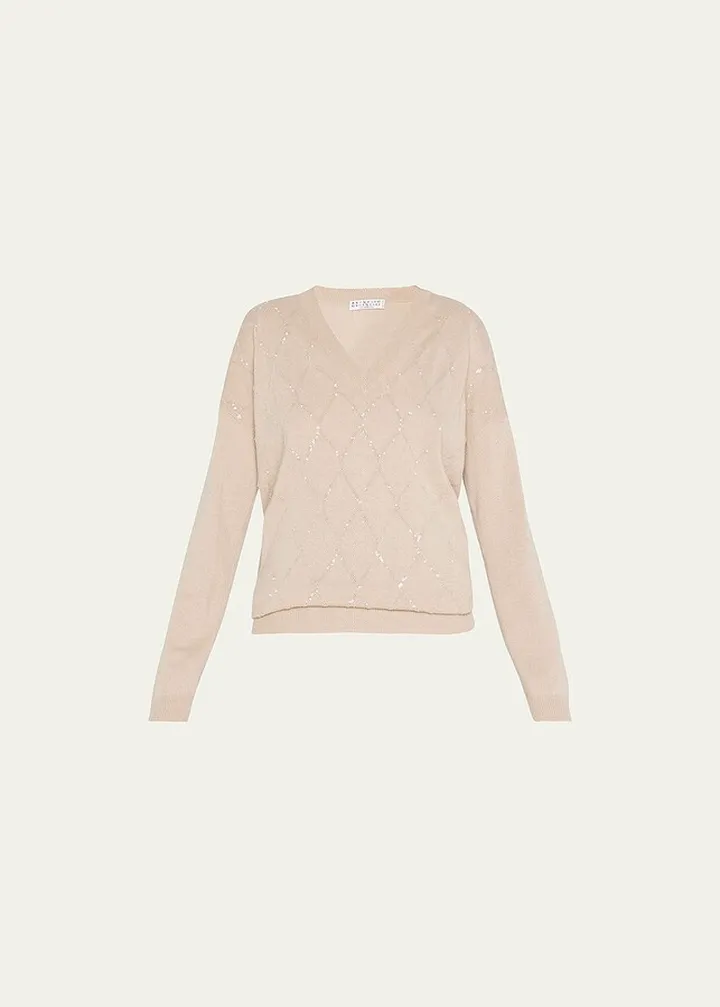 Argyle Paillette Cashmere V-Neck Sweater