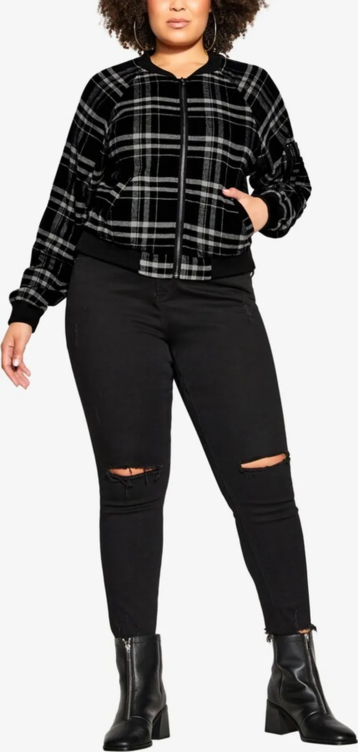 City Chic Plus Size Trendy Check Bomber Jacket