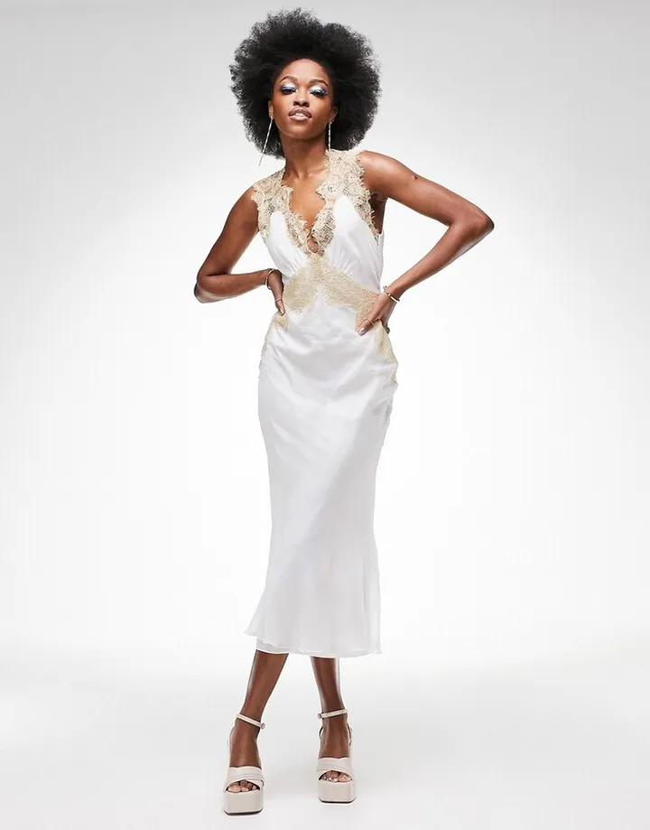 ASOS DESIGN soft slip midi dress with contrast lace and tie back detail in white