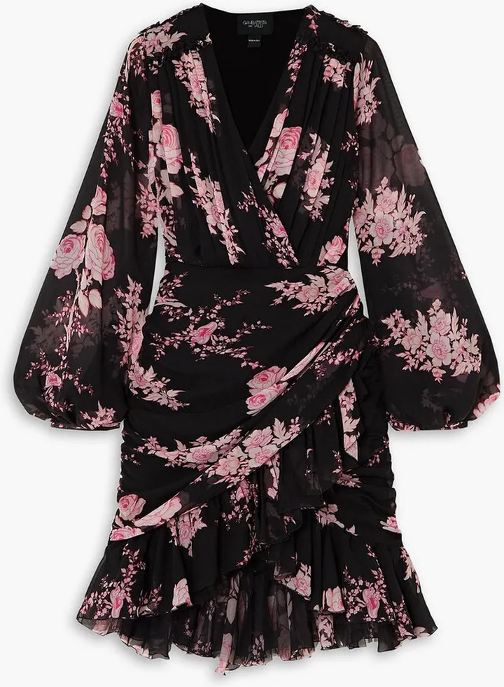 Wrap-effect ruffled floral-print silk-georgette mini dress