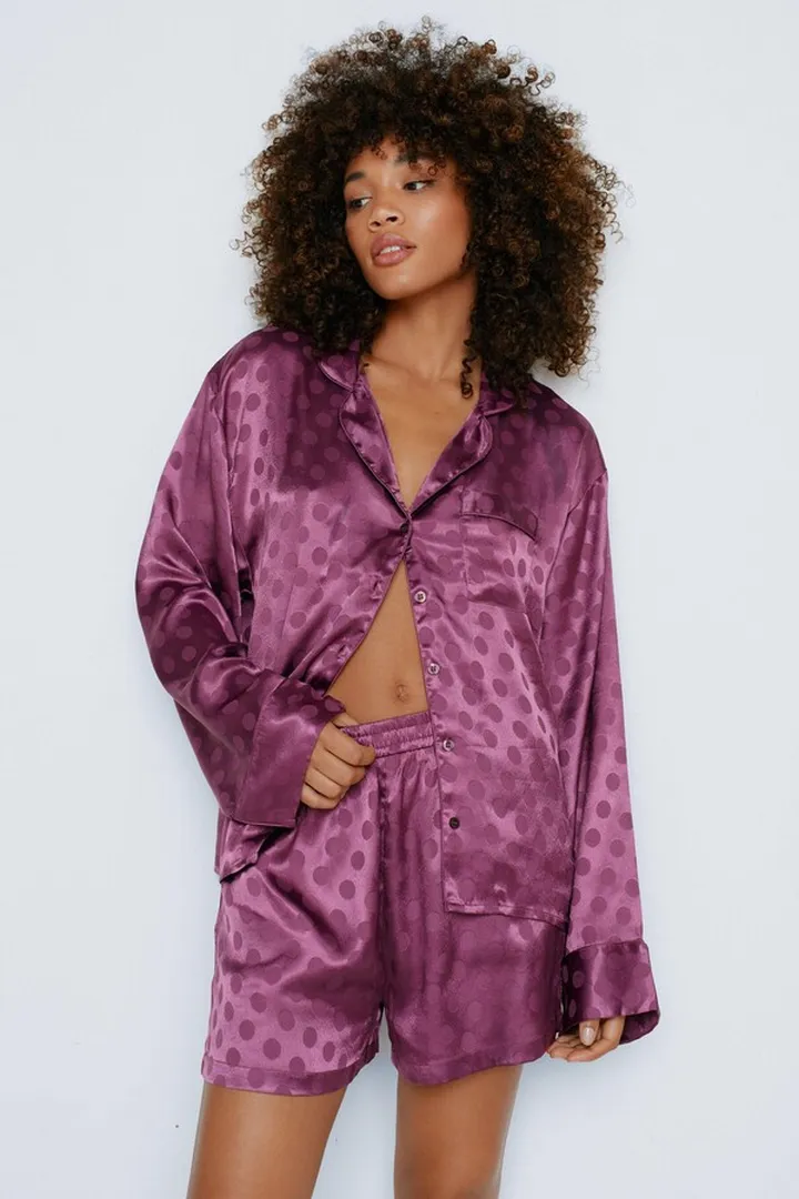 Nasty Gal Womens Satin Polka Dot Jacquard Pj Short Set