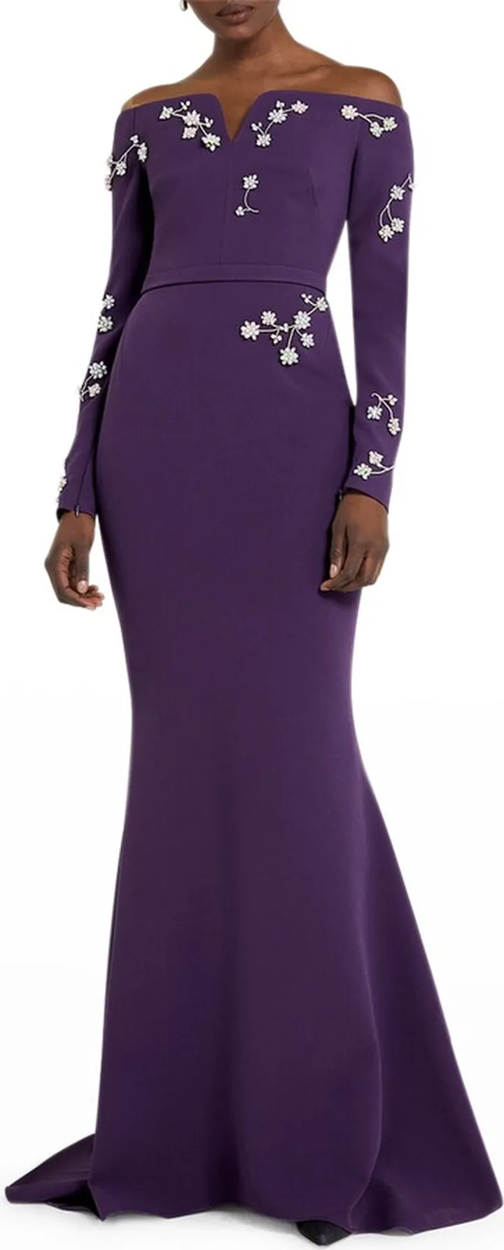 Flower Embroidered Off-The-Shoulder Crepe Gown